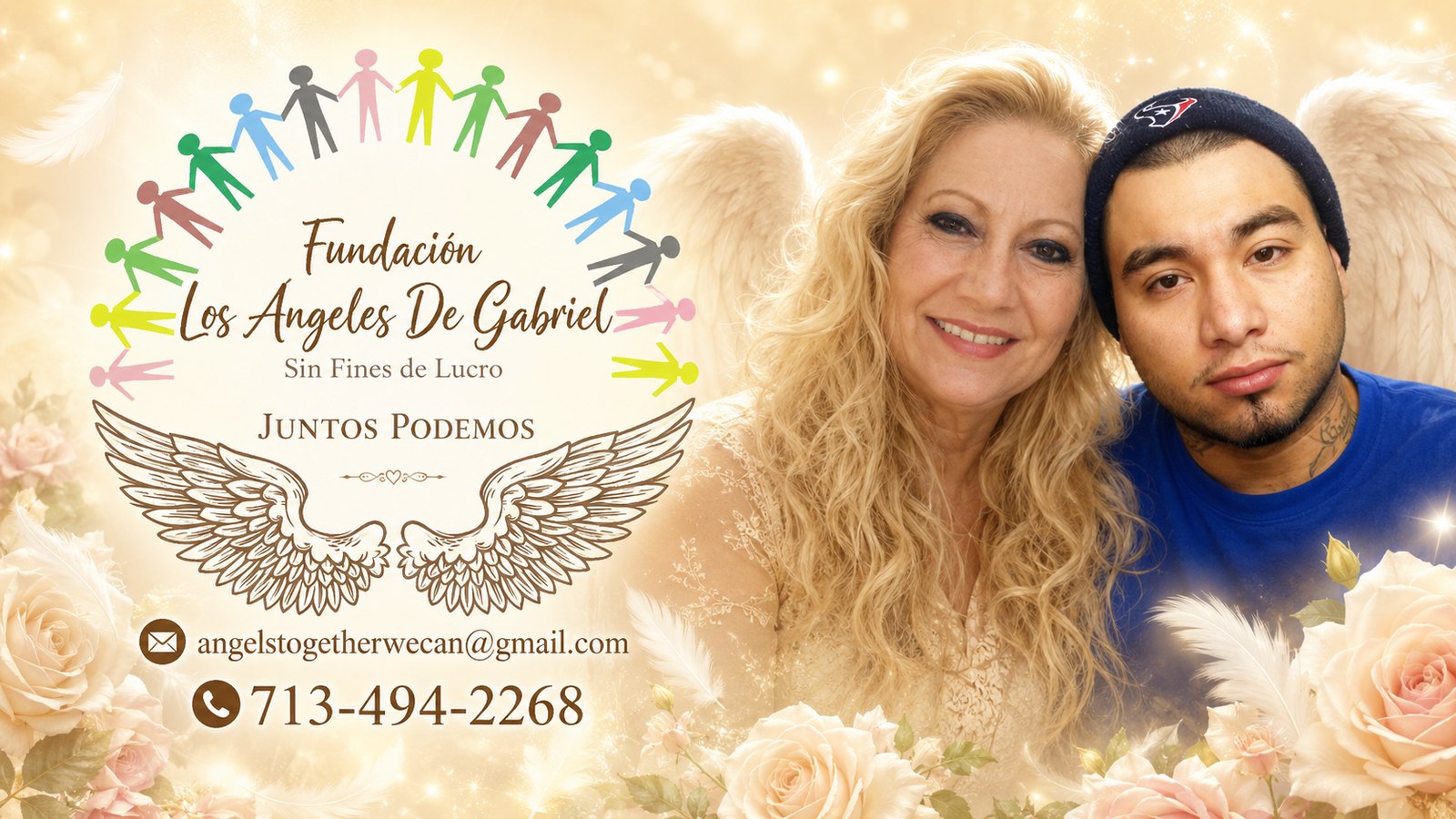 Marlogee with her son Gabriel and the foundation logo — Together We Can / Juntos Podemos